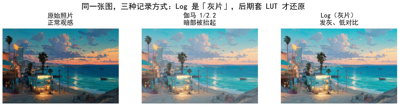 同一张真图在原始 / 伽马 / Log 下的观感：Log 就是灰片