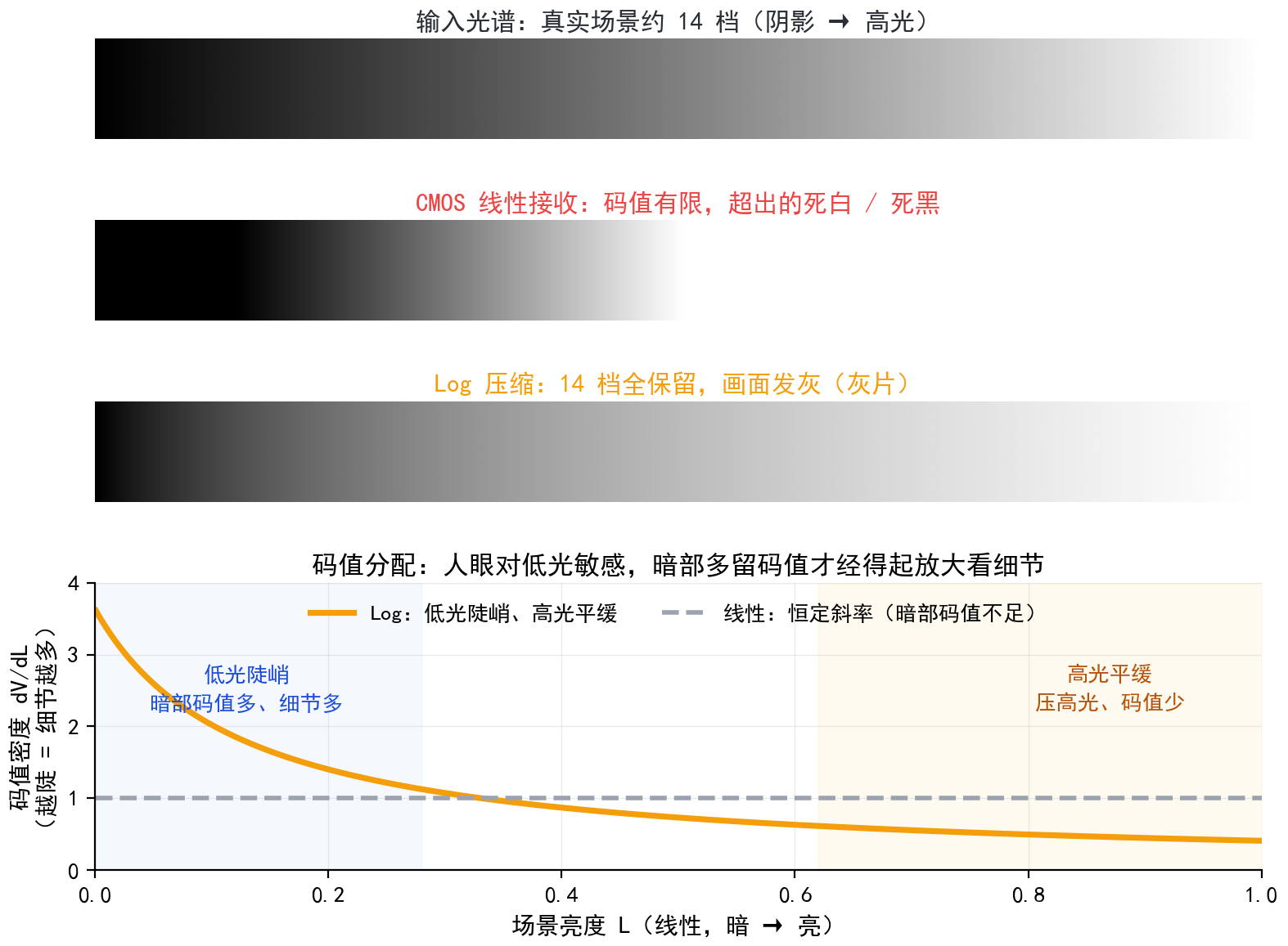 输入光谱十几档动态范围 vs CMOS 有限接收范围：Log 把十几档塞进有限码值